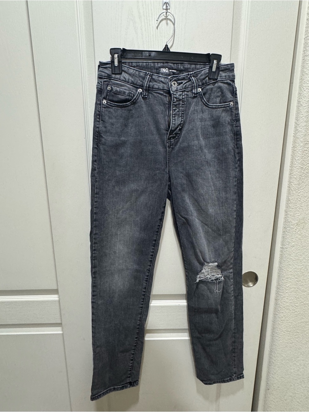INC Women’s Gray Distressed Jeans Ripped Knee Slim Straight Denim
